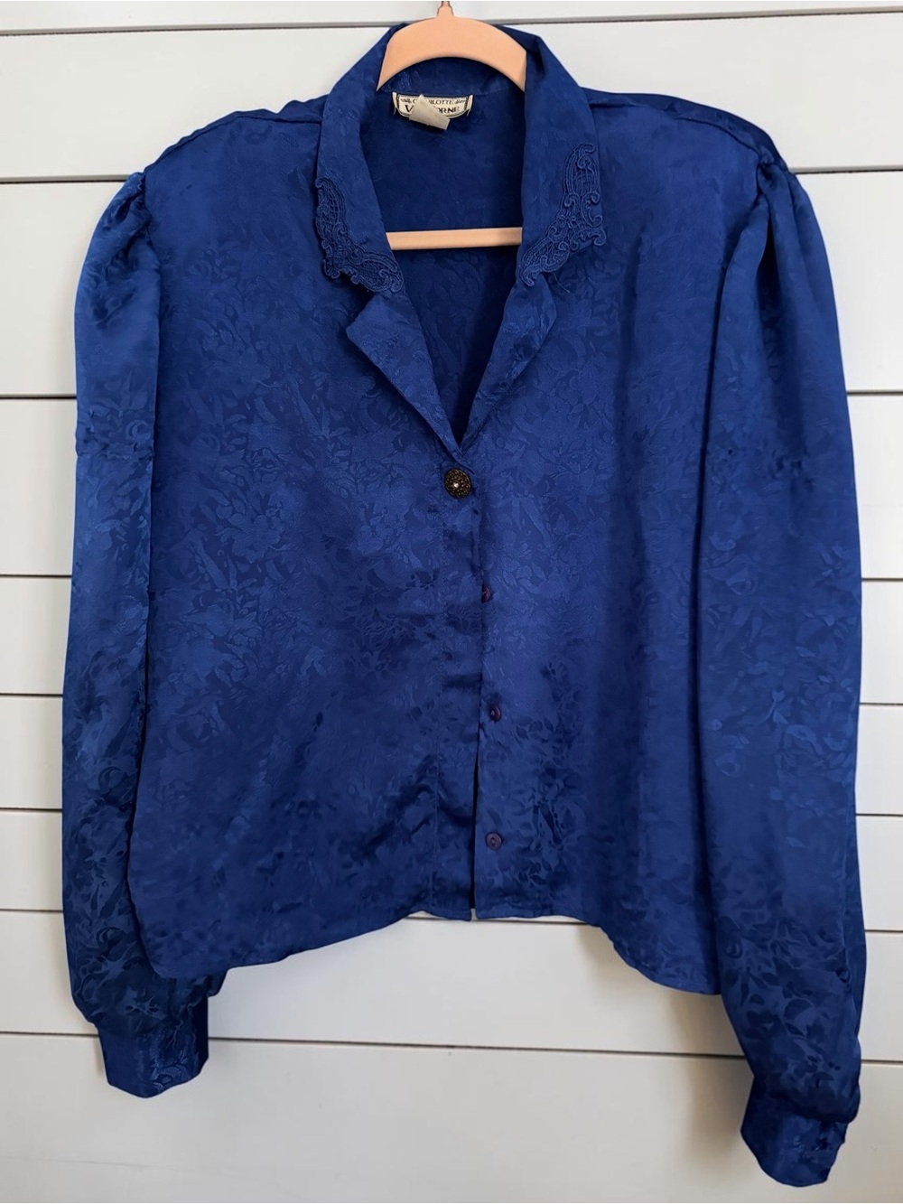 Vintage Charlotte Van Horne Cobalt Blue Blouse 16 Jacquard Lace Collar 80s